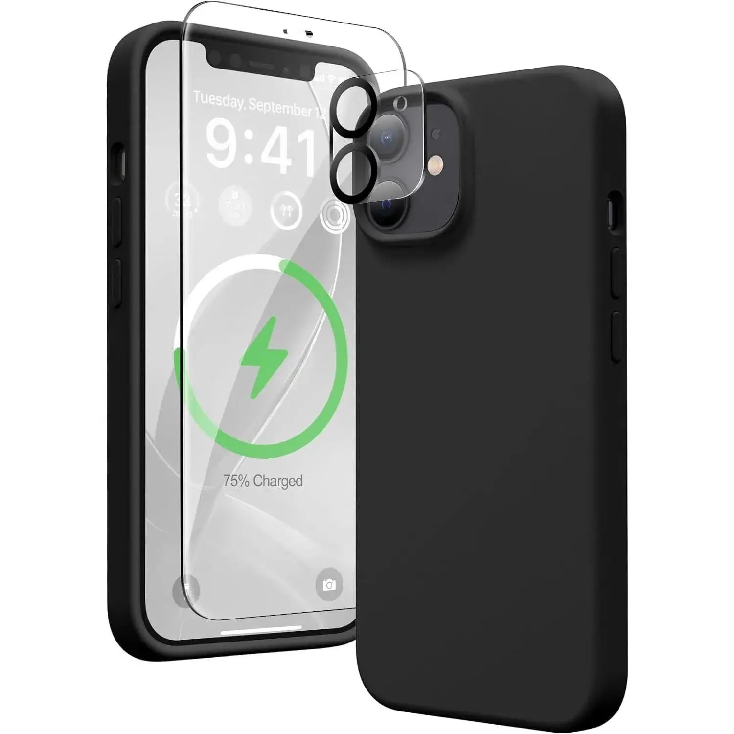 Entronix iPhone 12 Mini 3-in-1 Bundle  - Liquid Silicone Case, 1 Clear Screen Protector & 1 Camera Lens Protector, Tempered Resistance