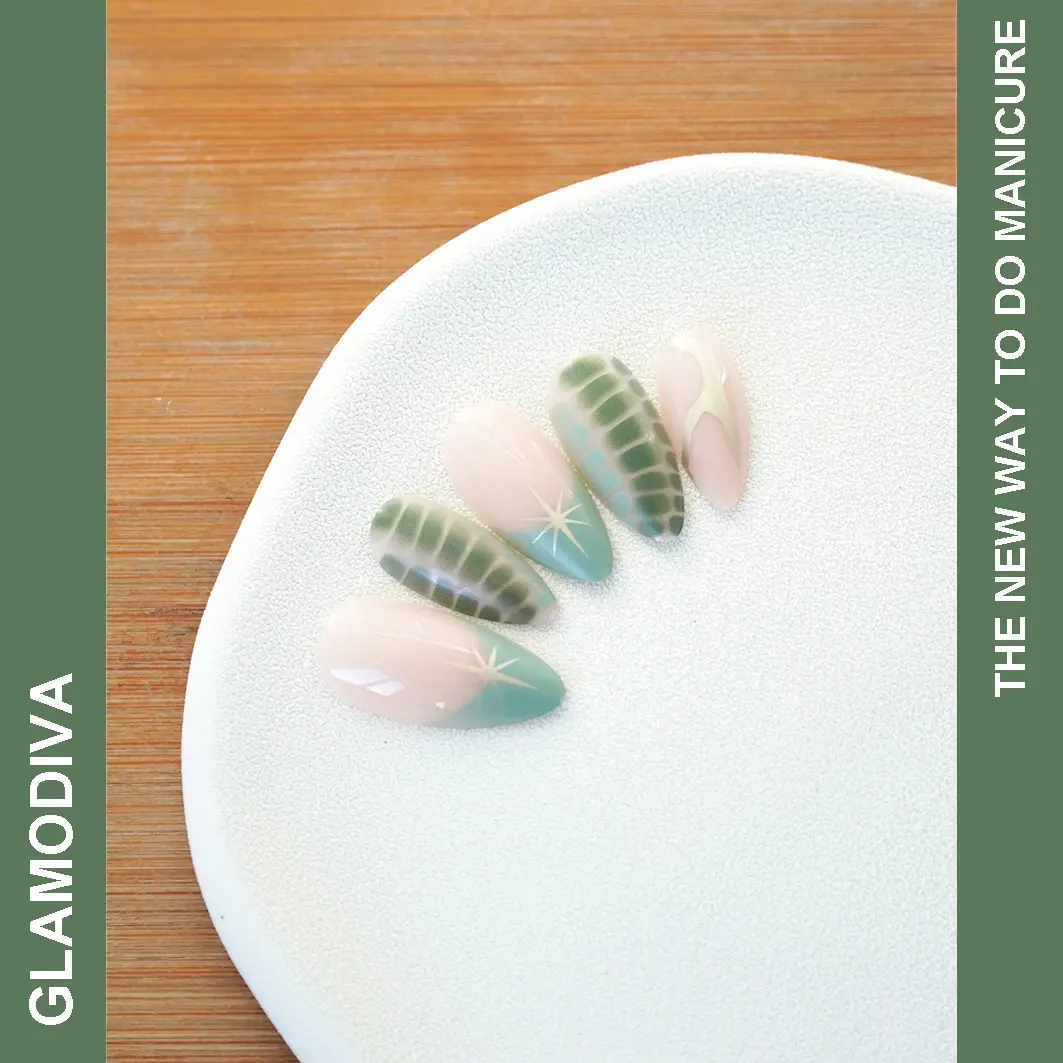 GlamoDiva Medium Almond Collections 24PCS Handmade Pink & Green Hand Painted Press On Nails Summer Vacation 2025 For Girls