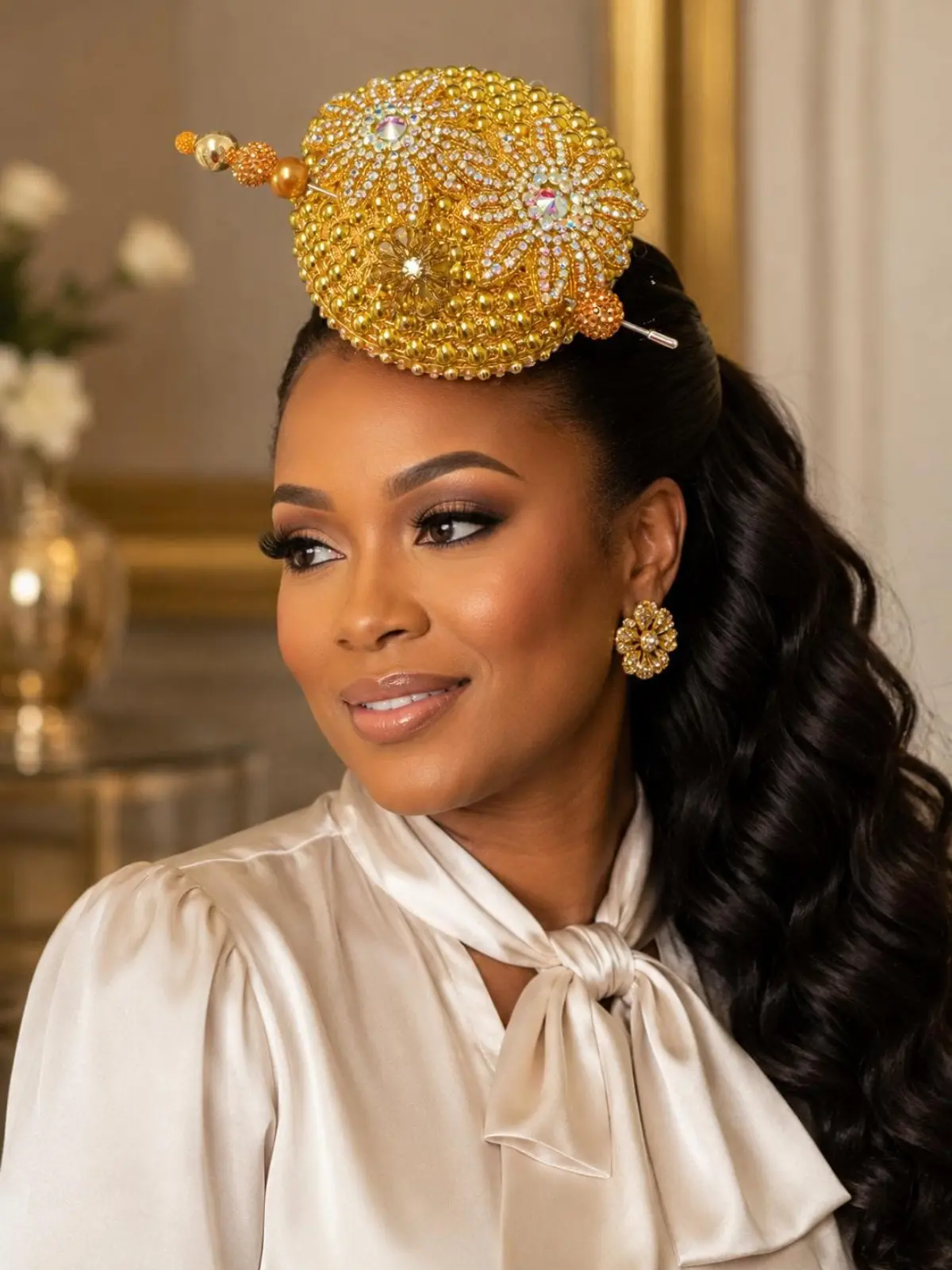Luxury beating Gold Crystal Church Fascinator Hat – Elegant Women’s Designer Headpiece for Weddings, Derby & Special Occasions