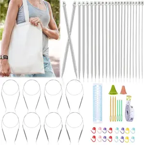 Knitting Needles Set for Beginners, 9 Pairs Circular Knitting Needles Set and 22 Pcs Single Pointed Knitting Needle Set with Tote Bag Knitting Accessories Knit Supplies