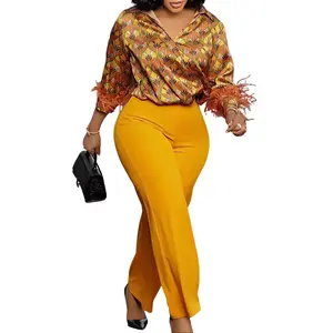 Women's Plus Size 2-Piece Satin Lady Overall Set - V-Neck Longsleeves Printed Top with Feather Cuffs, High Waist Wide Leg Pants - Comfortable Elegant Style for Daily, Formal Wear