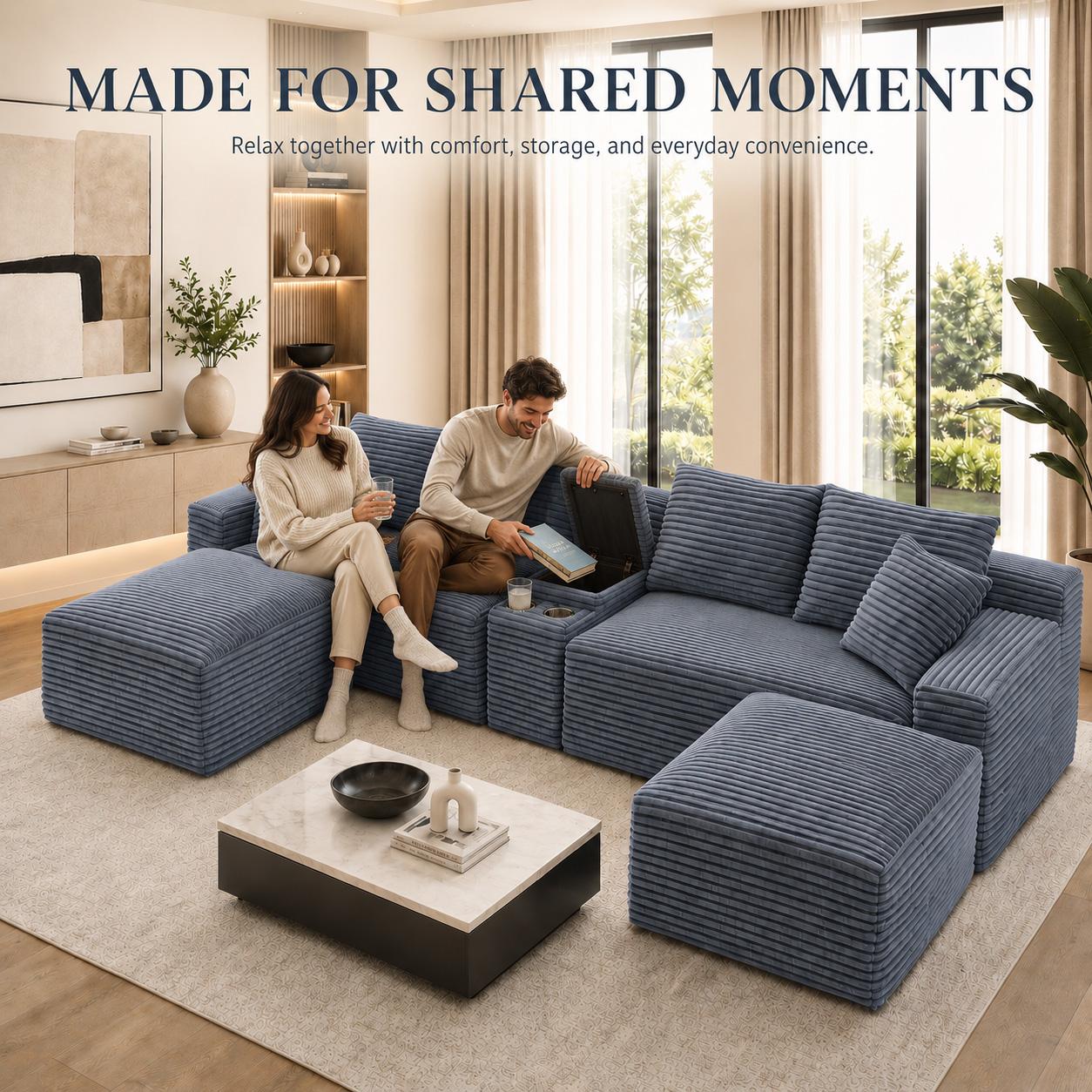 127-Inch Curved Corduroy Modular Cloud Sectional Boneless Couch (Compressed), 3-Package Shipping, No Assembly, Black Living Room Multiple-Seat Sofa with Cup Holders, USB Ports & 2 Free Ottomans, Boneless Couches, Sectional Couch