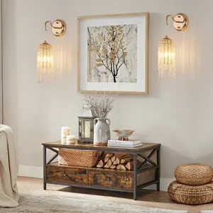 Set of 2 Gold Frame and Cascading Crystal Bead String Wall Sconces, E12 Bulb Socket, Elegant Hanging Light Fixture for Living Room, Bedroom, Hallway (Bulb Not Included)