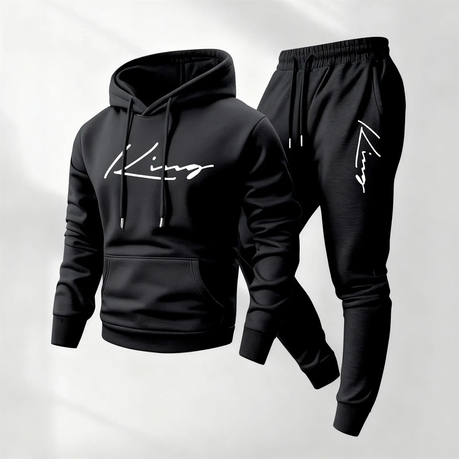 Men's King Printed 2-Piece Hoodie & Drawstring Sweatpants Set - Casual Long Sleeve Hooded Jacket & Trousers, Athletic Activewear Tracksuits, Streetwear Tracksuits Set for Fall & Winter Daily Use, Streetwear Tracksuit Set