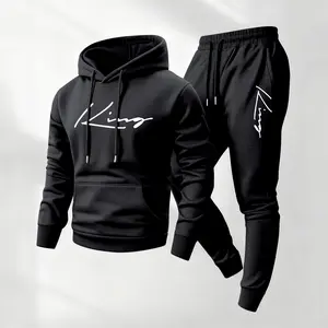 Men's King Printed Hoodie and Drawstring Sweatpants Set, Menswear, Casual Athletic Long Sleeve Hooded Jacket & Trousers for Fall & Winter, Men's Clothing for Daily Wear, Sportswear Indoor Outdoor, Tracksuit, Athleisure Summer Clothes