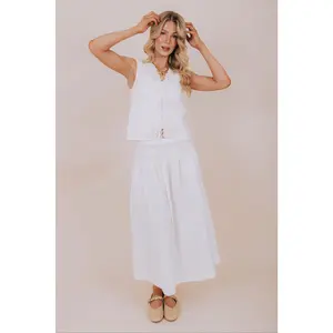 Lighthearted Dream Set - White Two-Piece Set with V-Neckline, Sleeveless Top, Eyelet Detailing, Maxi Skirt, Elastic Waistband, Pockets, Lightweight Cotton Material