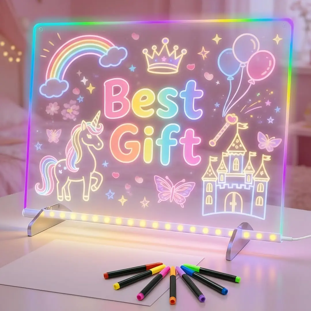 GMOX 12in Acrylic Light Up Drawing Board for Kids - RGB Lights Glow Effect, Dry Erase Tablet with Stand, Adjustable Holes, Tracing Book, Polished Edges, Water-Soluble, Halloween Christmas Birthdays Learning Gift (Ages 4-12)