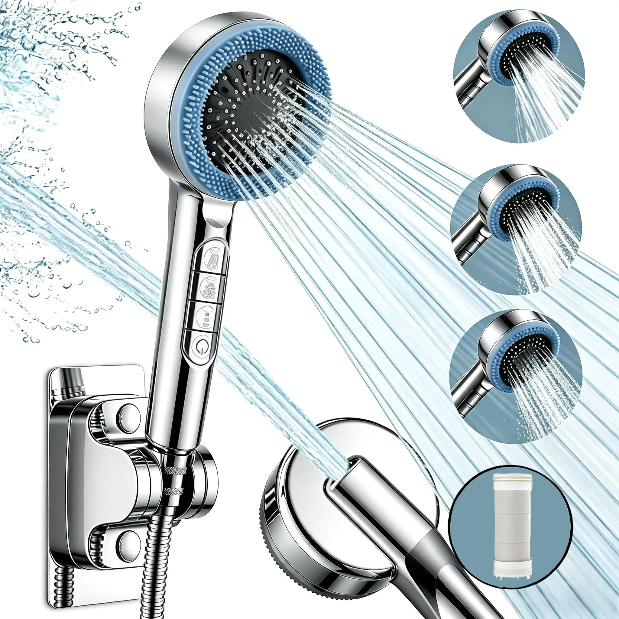 Filtered Shower Head with Handheld, High Pressure 4 Spray Mode Showerhead ,With Hose And Wall Seat, Silicone Massage Brush- Remove Impurities - Reduces Dry Itchy Skin