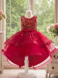 Star Sequin Decor Toddler Girl's Party Dress, Elegant Formal Tulle Puff Sleeve Dress for Stage Performance Wedding Guest, Kids Clothes for All Seasons