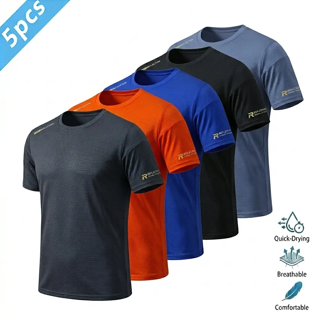 Pack of 5 men’s quick-dry sports fitness T-shirts: short-sleeve running T-shirt, solid-color men’s top for summer, soccer-style short-sleeve fitness casual T-shirt, high-stretch quick-dry ice silk breathable crew neck running shirt.