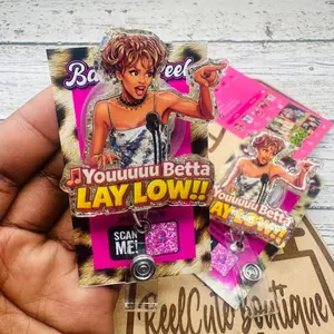 Youuu Betta LAY LOW Sparkly Retractable Badge Reel Cute Sassy Quote Acrylic ID Holder For Registered Nurse RN Teacher Office Gift