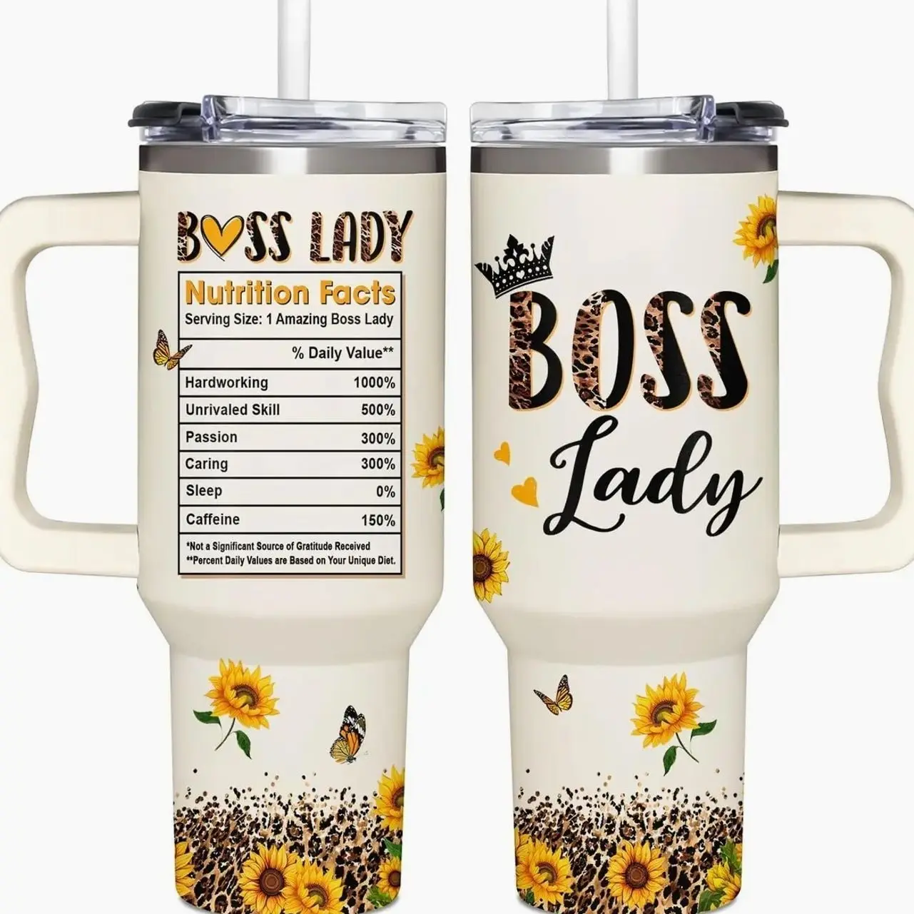 ShinyKT LLC 40oz Reusable Stainless Steel Insulated Water Bottle - Anti-Leak, Non-Toxic, Plastic-Free, Travel-Friendly Portable Tumbler with Lid, Handle, Leopard Print/Sunflowers Aesthetic, Anti-Leak Water Bottles, Non-Toxic