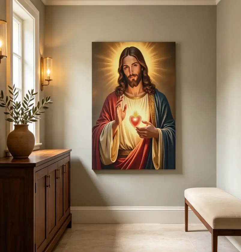 2D Flat Sacred Heart of Jesus Canvas Print - Minimalist Biblical Graphic Wall Art, Wooden Box Mountable Religious Decoration, Christianity Faith Decor for Living Room, Multi-Size Vivid Detail Christian Catholic Gift, Wall Decor