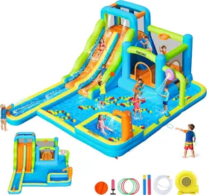 FINCOME Water Bounce House with Double Slide for Kids 3-10, Large Inflatable Water Bouncy Castle with Long Water Slide Jumping Climbing Pool Air Blower, Bouncy House for Party Birthday Holiday Summer