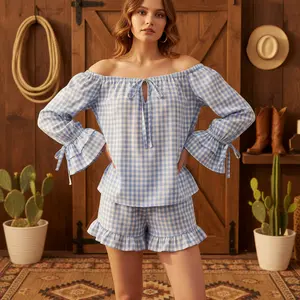 Women's Off Shoulder Gingham Pajama Set, Long Sleeve Tie Front Babydoll Top & Ruffle Shorts 2 Piece Loungewear Sleepwear