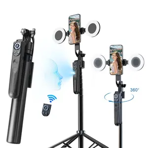 360 Degree Rotating Selfie Stick with Tripod Remote Control, Automatic Face Tracking, Phone Camera Tripod, 2 Light Bulbs, Vlog Live Streaming
