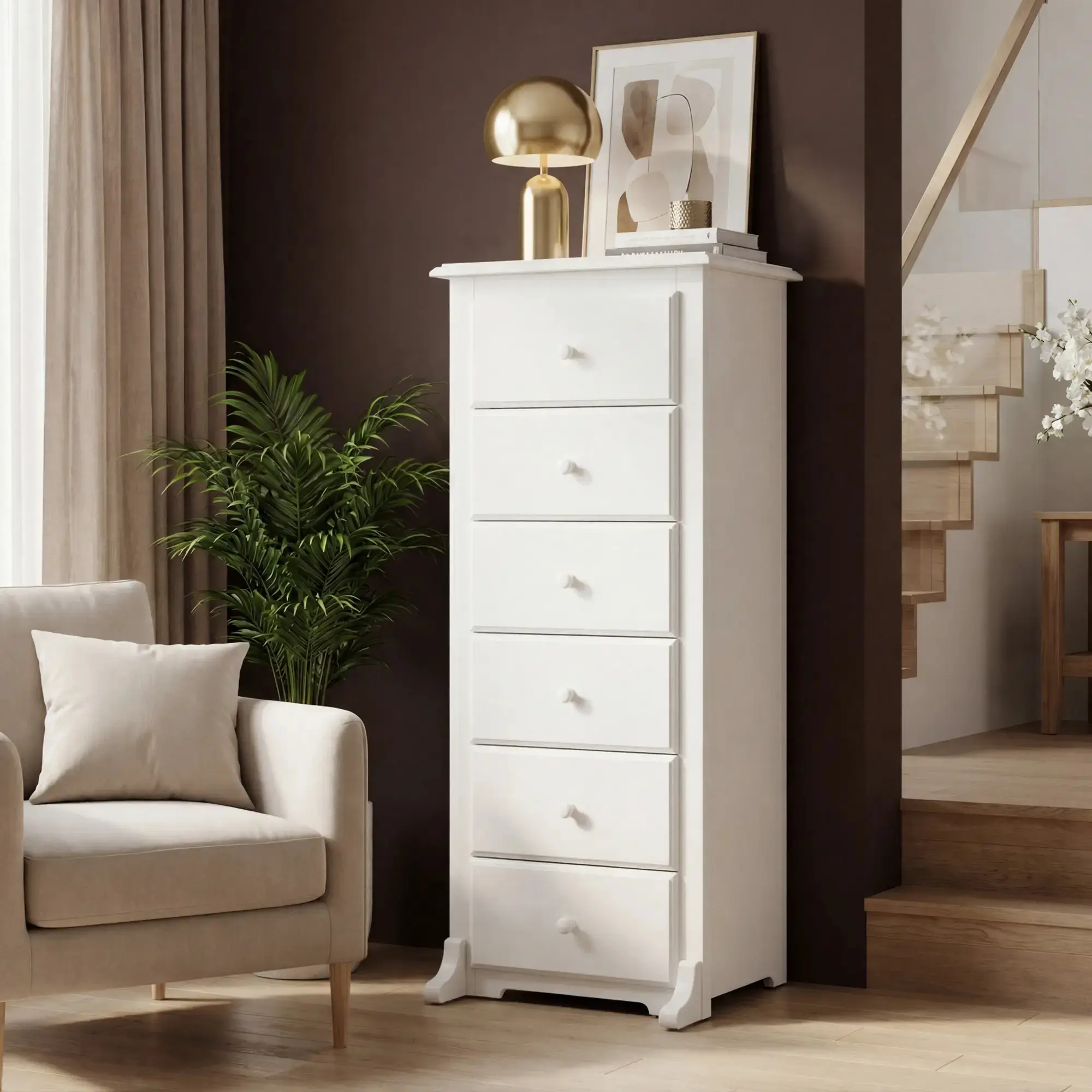 6 Drawer Wooden Dresser Chest for Bedroom Modern Storage Cabinet for Living Room Closet White Finish