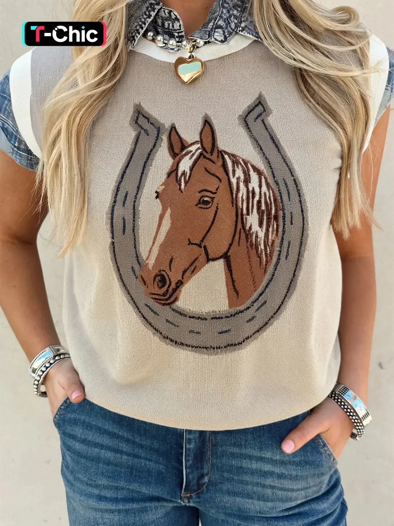 Sheer Sleeveless Top with Round Neck Design, Faux Leather Texture & Animal Print, Horse, Perfect for Casual Wear, Women's Fashion, Summer