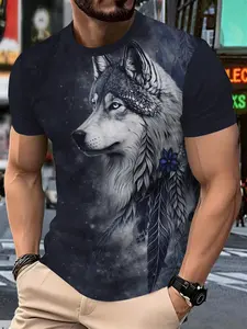 Cool Wolf Head Print Men's Short Sleeve T-Shirt, Fashion Trendy Loose Fit Top, Summer New Unique Design, Casual Graphic Tee