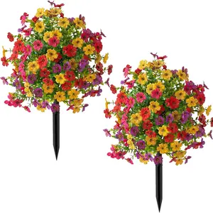 Artificial Daisy Topiary Ball Trees, 2 Set of 20.1'' Silk UV Colorful Resistant Realistic Vibrant Faux Flowers with Ground Spike, Fake Plants for Planter Porch Patio Yard Garden(Purple, Red, Rose Red, Yellow)