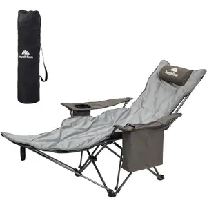 Reclining Camping Chair with Cotton Cushion,Cooler Bag,Removable Footrest Lounge Chair,Portable Adjustable Folding Camp Chairs for Adults Outdoor Sports-Support 300 LBS