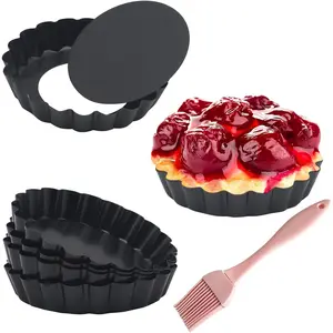 6 Pack 4 Inch Mini Fluted Tart Pans with Removable Bottom Nonstick Quiche Pan with Silicone Basting Pastry Brush for Baking Treats Pie Quiches Tartlets
