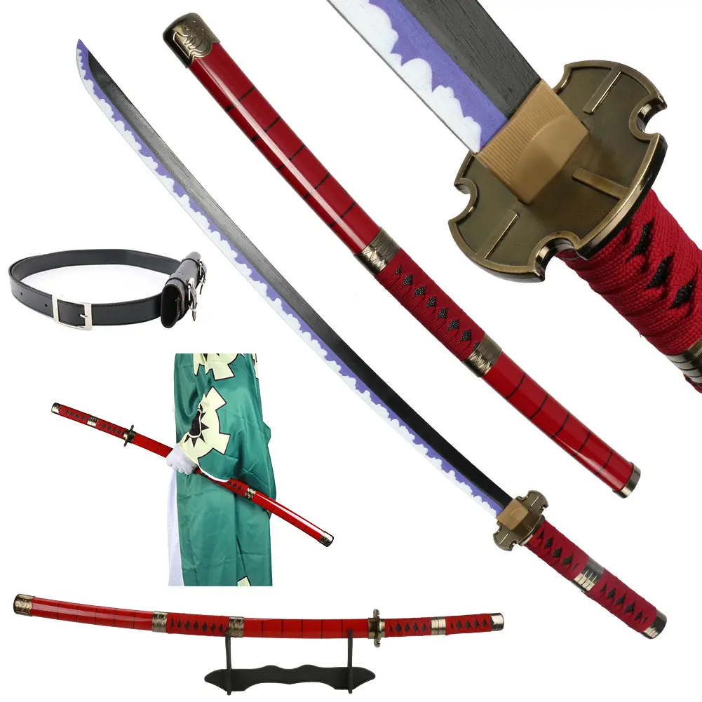 ELERVINO 41-in Bamboo Wooden Dull Blade Roronoa Zoro Cosplay Anime Katana (Sandai Kitetsu) with Black Belt, Stand Display, 1.1 lb for Halloween Cosplay, Collection Decoration, Birthday Gift