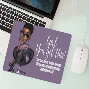 "You Got This!" Christian Black Professional Woman Small Square Mouse Pad, Anti-Slip Rubber Base with Stitched Edges, Protective Desk Mat for Work & Gaming