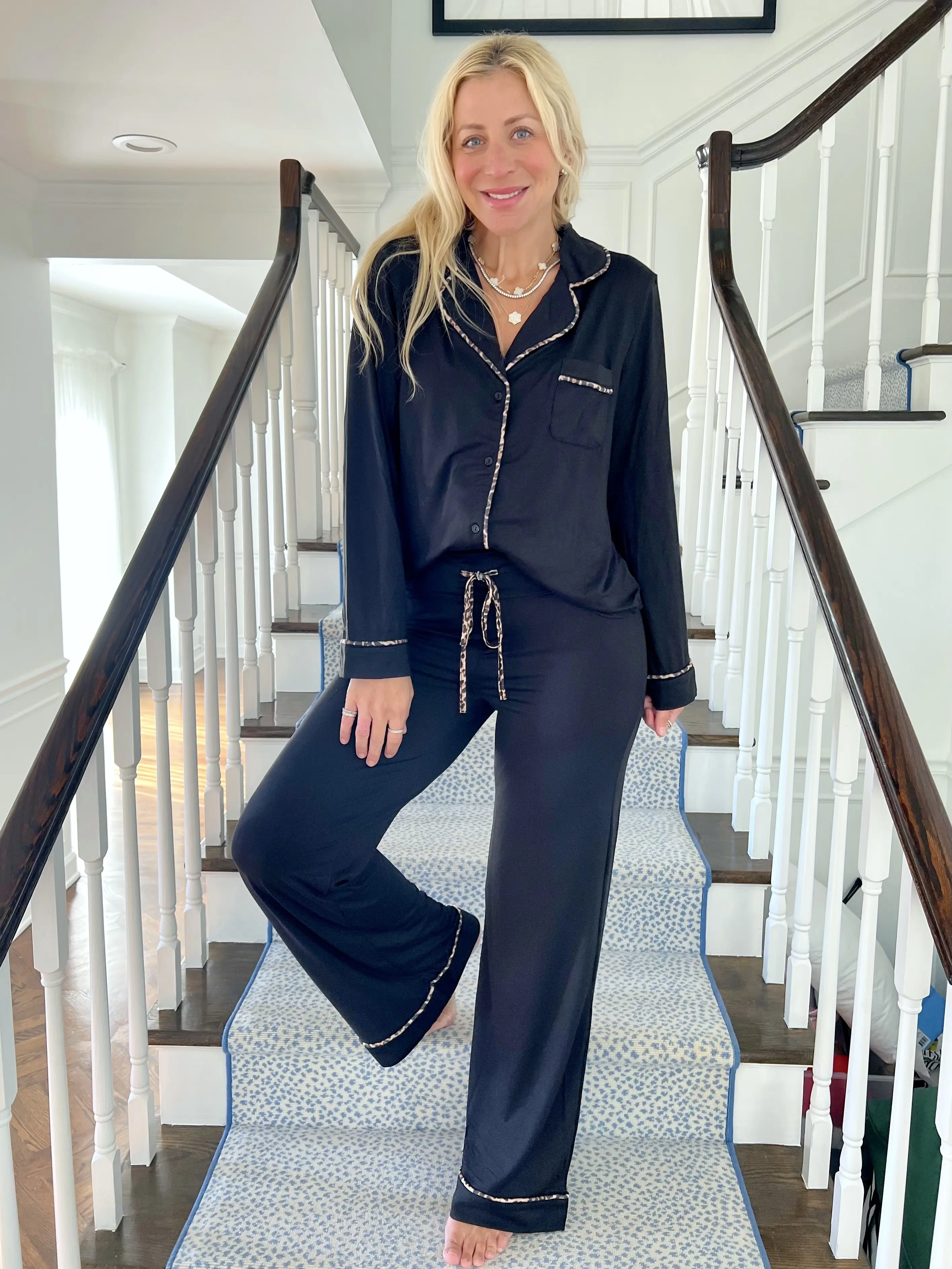 Black With Leopard Trim Pajama Set Black With Leopard Trim Pajama Set