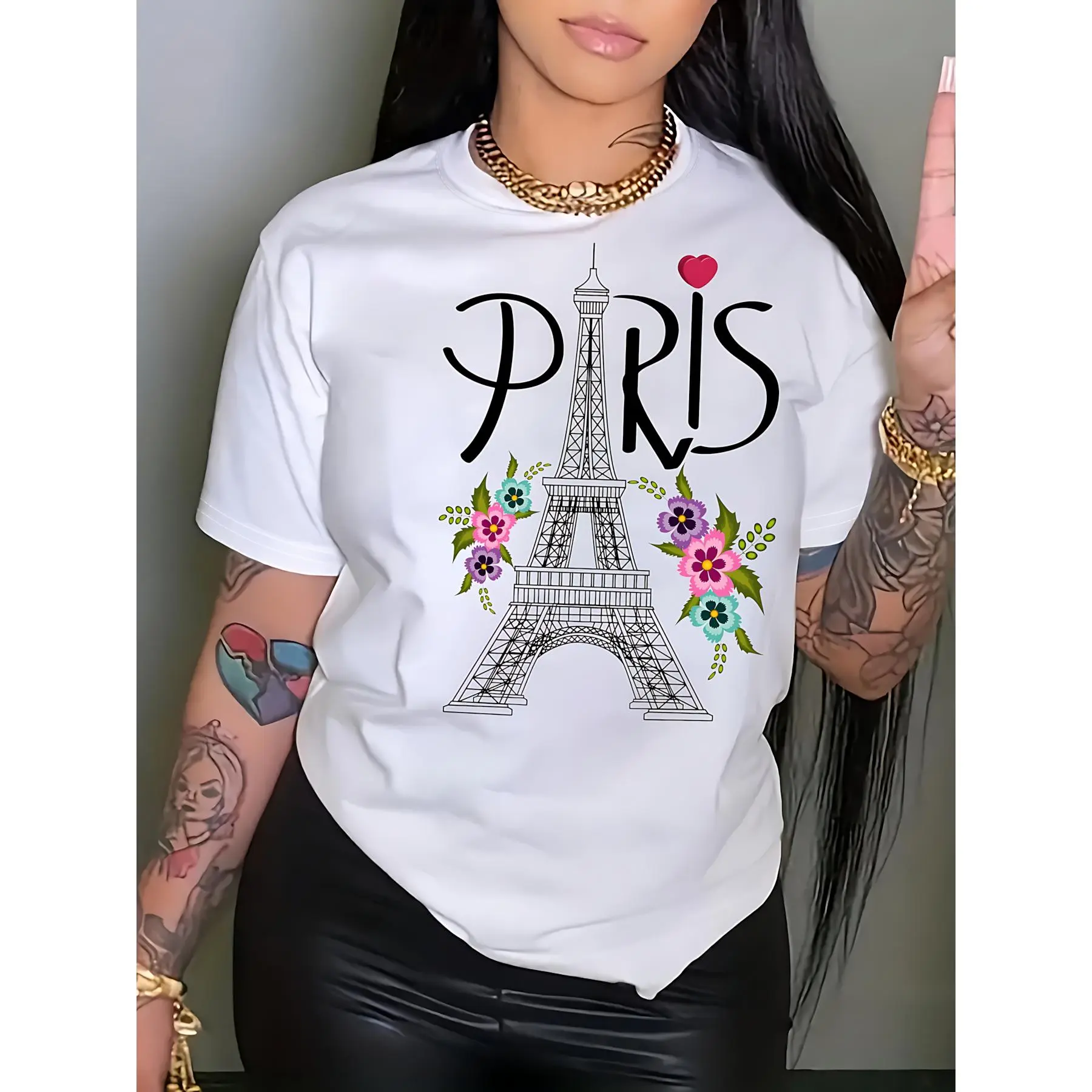 Women's Elegant Casual Short-Sleeve Crewneck Geometric Print Tops - Soft Stretch Polyester Fitted T-Shirt for Thanksgiving, Easter
