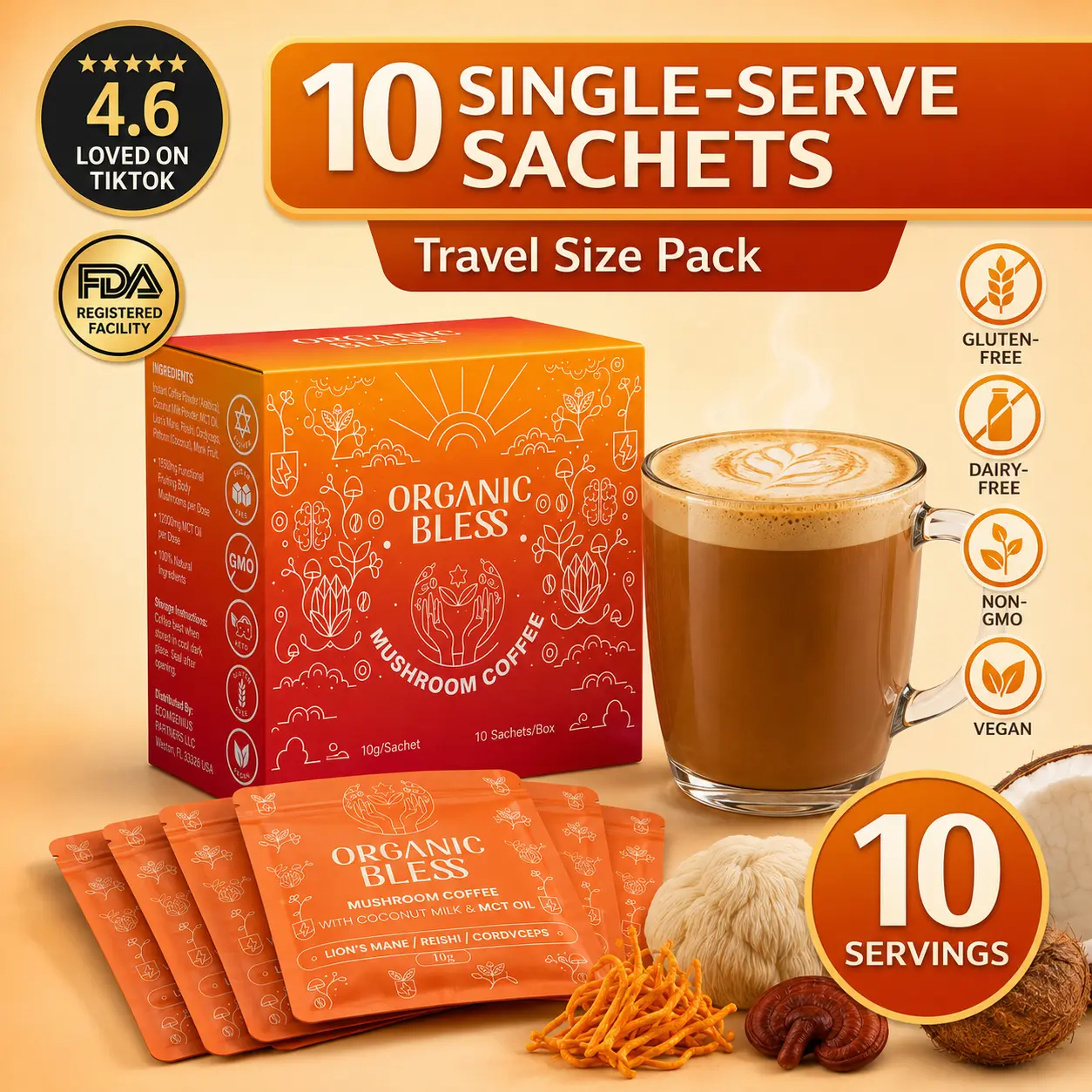 10 Single-Serve Sachets – ORGANIC BLESS Instant Mushroom Coffee with Coconut Milk & MCT Oil – Lion’s Mane, Reishi & Cordyceps – Adaptogenic Mushroom Coffee – Immune Support – TikTok Brew Coffee – Travel Pack