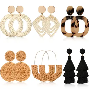 6 Pair Rattan Earrings Straw Tassel Bohemian Earrings for Women Summer Beach Party