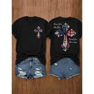 Stand For The Flag Kneel For The Cross Cotton Tee, American Flag Cross Print Casual Patriotic Women Top,Stand For The Flag Kneel For The Cross Cotton Tee, American Flag Cross Print Casual Patriotic Women Top graphic