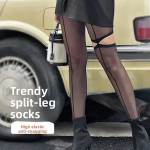 Women’s Black Striped Sheer Pantyhose | Fashion Split Design & Thin medias finas