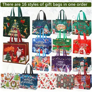 Unisex 16-Piece/32-Piece Reusable Christmas Gift Bags Set, Durable Water-Resistant Non-Woven Fabric with 16 Unique Patterns, Foldable Heavy-Duty Totes for Festive Gifting & Holiday Storage Handles