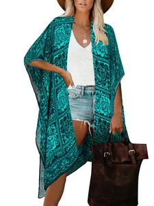 Women's All Over Print Cover Up Outerwear, Casual Retro Long Sleeve Open Front Cover Up Outerwear  for Beach Vacation, Ladies Swimwear for All Seasons