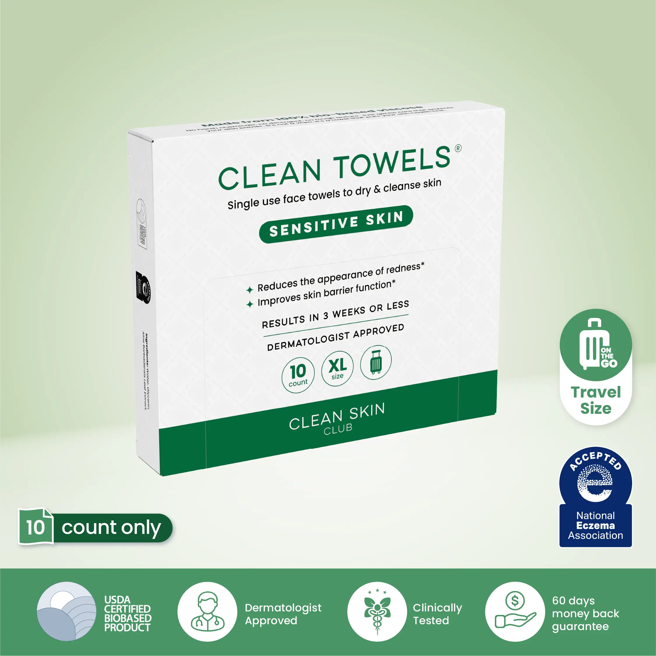 CLEAN SKIN CLUB Sensitive Skin Travel Pack 10 Face Towels XL  TSA-Approved