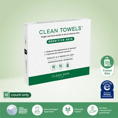CLEAN SKIN CLUB Sensitive Skin Travel Pack 10 Face Towels XL  TSA-Approved