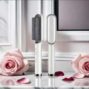 Negative ion hair straightener with 5 temperature, 2 in 1 brush and curling iron, portable electric straightening heater styling for fast heating Smoothing Comfort