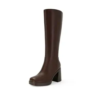 SOVANYOU  Brown Chocolate Leather Boots Platform Boots for Women Fashion Square Toe Chunky Block Heeled Boots Side Zip