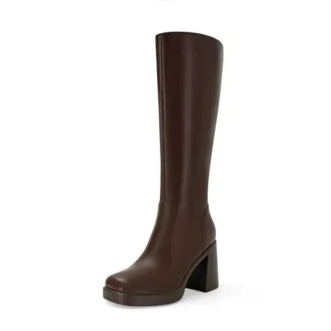 SOVANYOU Women's Basic Faux Leather Platform Boots, Women's Shoes, Above the Ankle but Below the Knee, Brown Chocolate, Square Toe, Chunky Block Heel, Side Zip, Rubber Sole, Cushioned Padded Insole, Casual & Formal Business Footwear