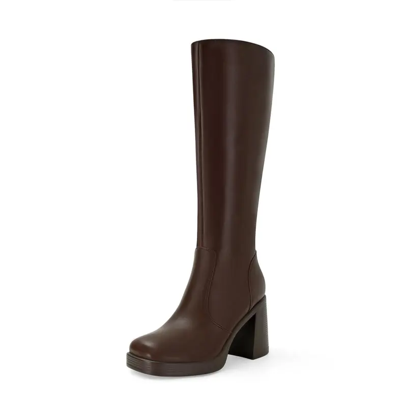 SOVANYOU Women's Basic Faux Leather Platform Boots, Women's Shoes, Above the Ankle but Below the Knee, Brown Chocolate, Square Toe, Chunky Block Heel, Side Zip, Rubber Sole, Cushioned Padded Insole, Casual & Formal Business Footwear