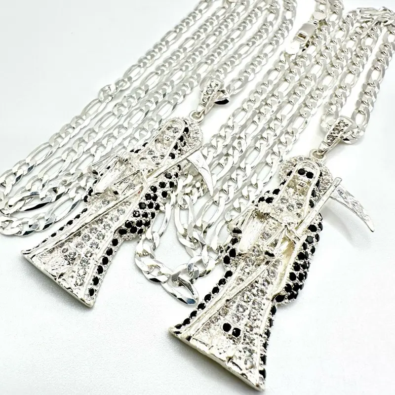 925 Silver Santa Muerte Necklace for Men & Women - Vintage Holy Death Pendant Amulet Skull Grim Reaper Jewelry - 24 Inch Chain