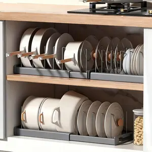 Expandable Pot and Pan Organizer Rack for Cabinet, Pot Lid Organizer Holder with 7 Stainless Steel Adjustable Dividers for Kitchen Cabinet Organizer and Storage (White)
