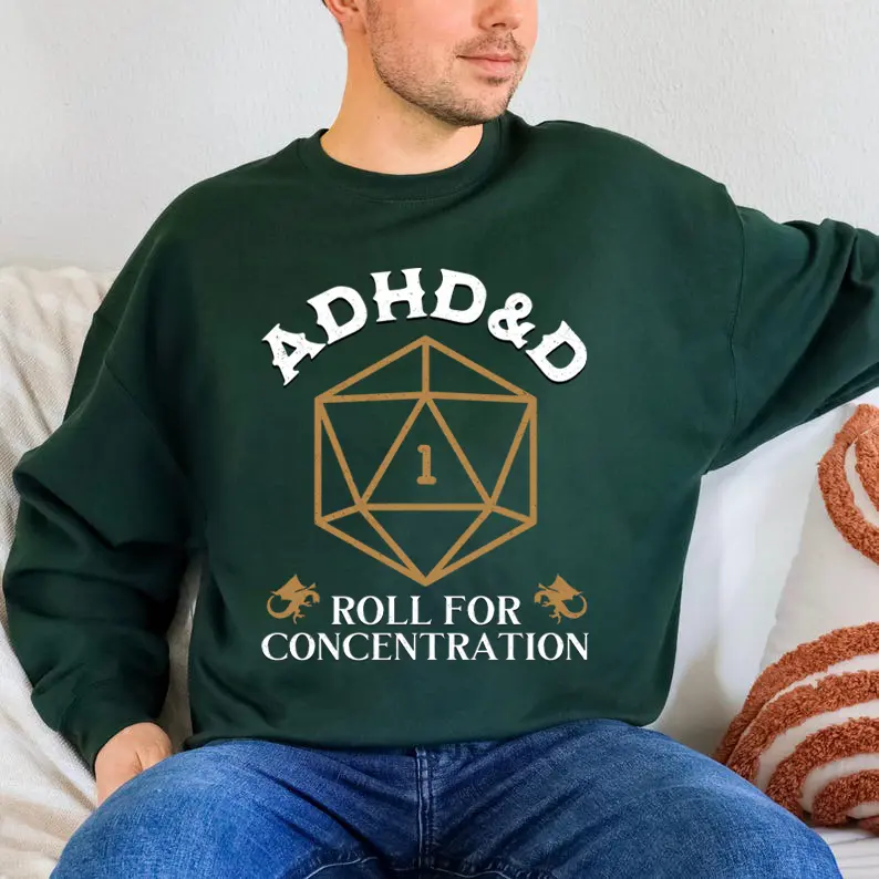 ADHD&D Roll for Concentration Sweatshirt, Dungeons and Dragons Dnd T-shirt, DnD Vintage Tee, ADHD Unisex shier DnD Shirt, RPG Gift, geel tee