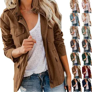 Yousify Women’s Military Jacket, Zip-Up, Snap Buttons, Lightweight Utility Anorak/Field Safari Coat, Cotton Fabric Outerwear with Pockets