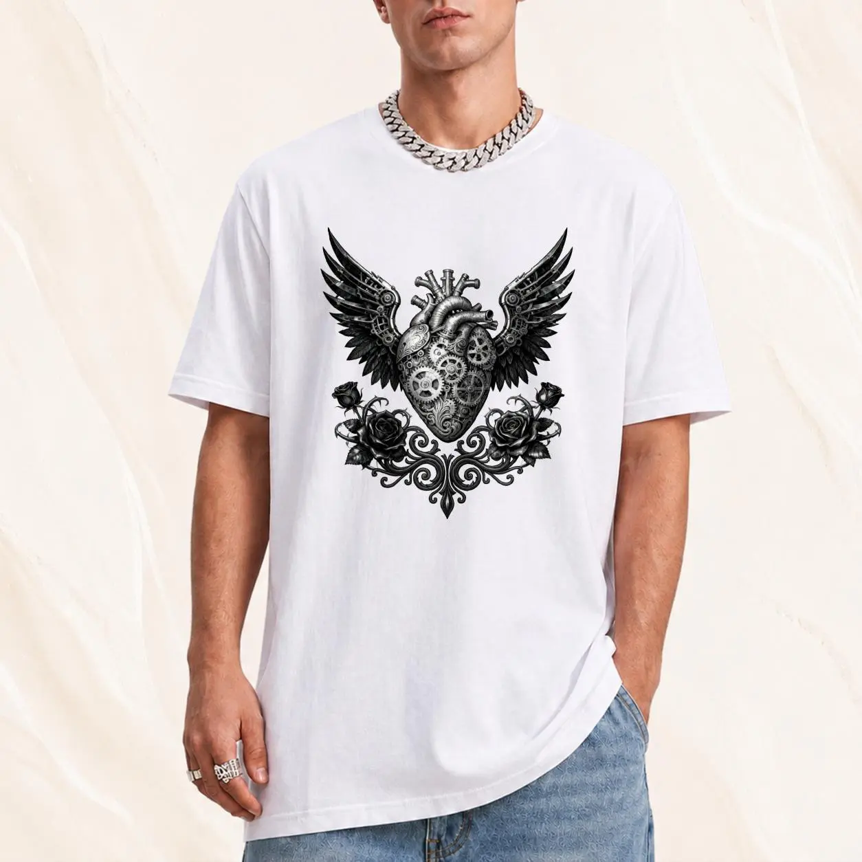 CARPESUN Gothic Steampunk T Shirt Mechanical Winged Heart Rose Print Pure Cotton Soft Breathable Unisex Casual Streetwear Gift Recommendation Tops Womenswear
