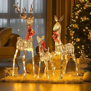 3-Piece Large Lighted Christmas Deer Decoration 3D Reindeers Family Set with 210 Warm Color LED Lights Outdoor Yard Decor Gold & Red Bow