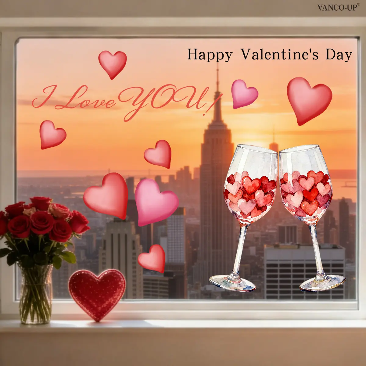 A (30*60cm) love-shaped red wine glass "Happy Valentine's Day" "I Love You window sticker, static sticker, glass sticker, window stickers, decorative holiday window and shop window sticker D21402