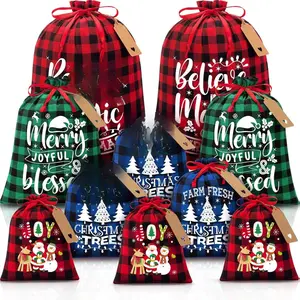 10 PCS Christmas Drawstring Gift Bags with Tags, Buffalo Plaid Xmas Gift Bags Assorted Sizes Bulk, Cotton Fabric Holiday Gift Bag Large Medium Small Wrapping Bag for Xmas Presents